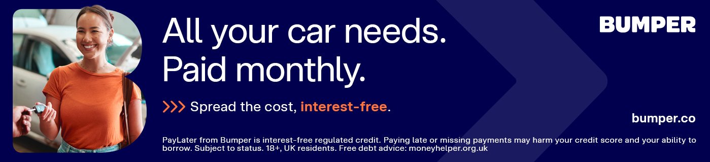 Woman smiling with text: All your car needs. Paid monthly. Spread the cost, interest-free.