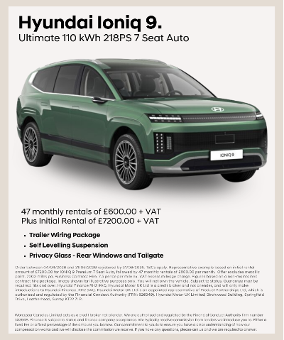 Green Hyundai Ioniq 9, 7-seat auto, with rental and feature details.