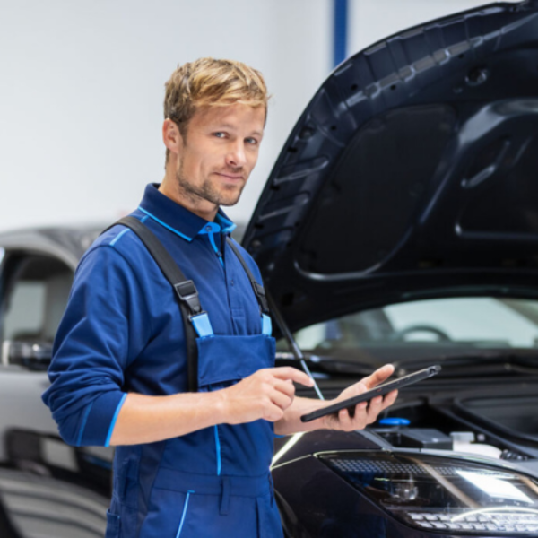 Mechanic using a tablet while standing beside a car with an open bonnet.