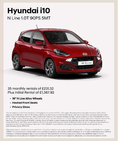Red Hyundai i10 N Line 1.0T car displayed diagonally from the front.