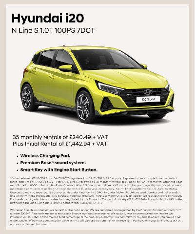 Yellow Hyundai i20 N Line car, three-quarter view, with leasing details.