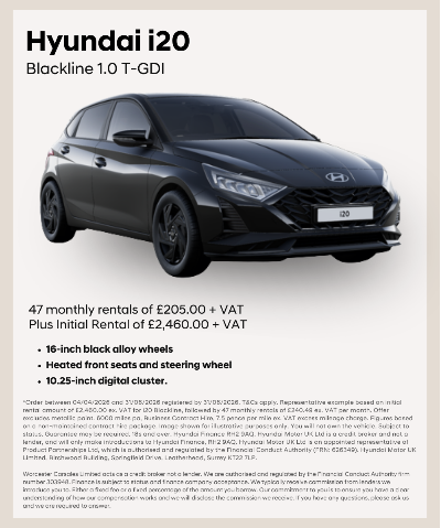 Hyundai i20 Blackline 1.0 T-GDI with black alloy wheels, heated seats, and digital cluster.