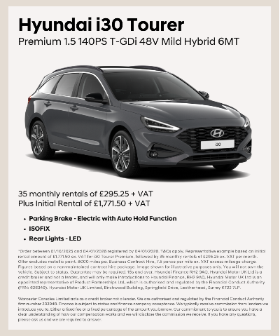 Hyundai i30 Tourer Premium mild hybrid displayed with rental details and specifications.