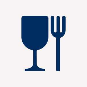 Silhouette of a wine glass and fork icon in dark blue.