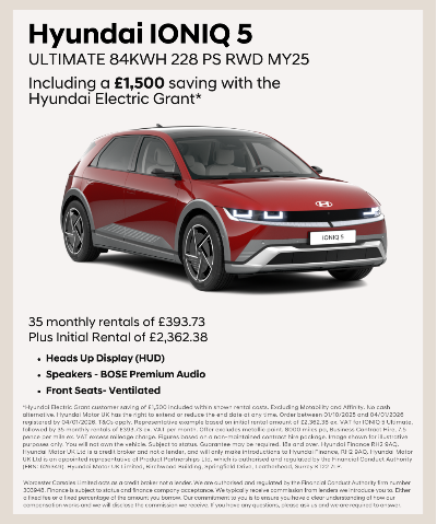 Hyundai IONIQ 5 electric car in red with leasing and grant details.