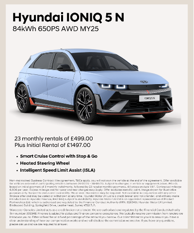 Hyundai IONIQ 5 N 84kWh AWD MY25, with 650PS, offers including monthly rental price.
