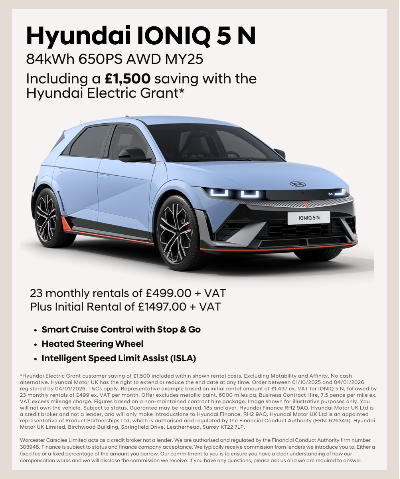 Hyundai IONIQ 5 N car with leasing details and £1,500 Hyundai Electric Grant offer.