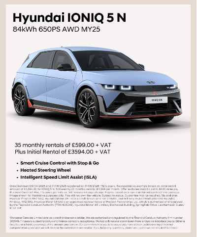 Hyundai IONIQ 5 N in blue, 84kWh 650PS AWD MY25, with rental pricing details.