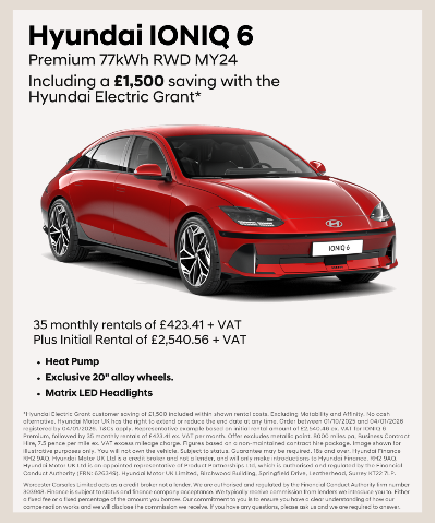 Red Hyundai IONIQ 6 parked, with rental details and features listed on the side.