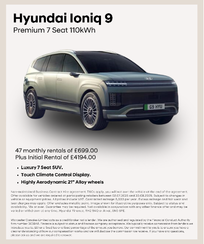 Hyundai Ioniq 9 SUV in profile view with leasing details and features listed.