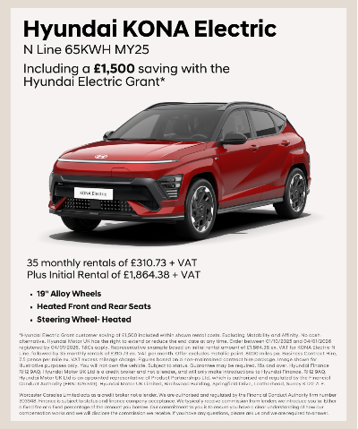 Hyundai KONA Electric N Line MY25 in red with details of savings and rental prices.
