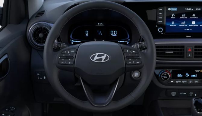 Leather-wrapped multifunction steering wheel.