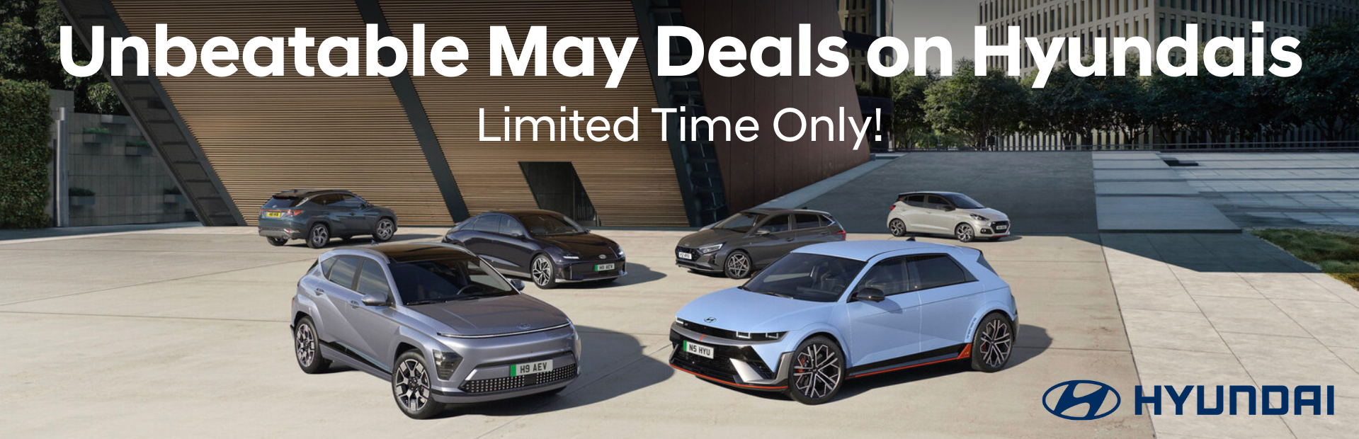 Hyundai cars parked with text: Unbeatable May Deals on Hyundais, Limited Time Only.