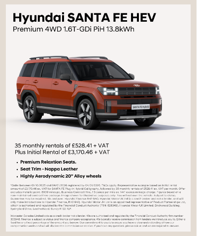 Red Hyundai Santa Fe HEV with promotional text and leasing details.