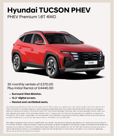 Red Hyundai Tucson PHEV with black accents and visible promotional leasing terms.