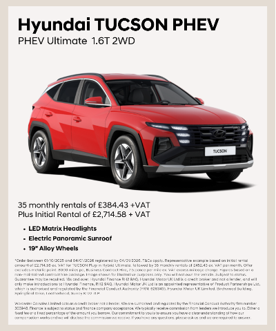 Red Hyundai Tucson PHEV 1.6T 2WD with rental details and features listed.
