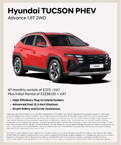 Red Hyundai Tucson PHEV, Advance 1.6T 2WD, side view with rental details and features listed.